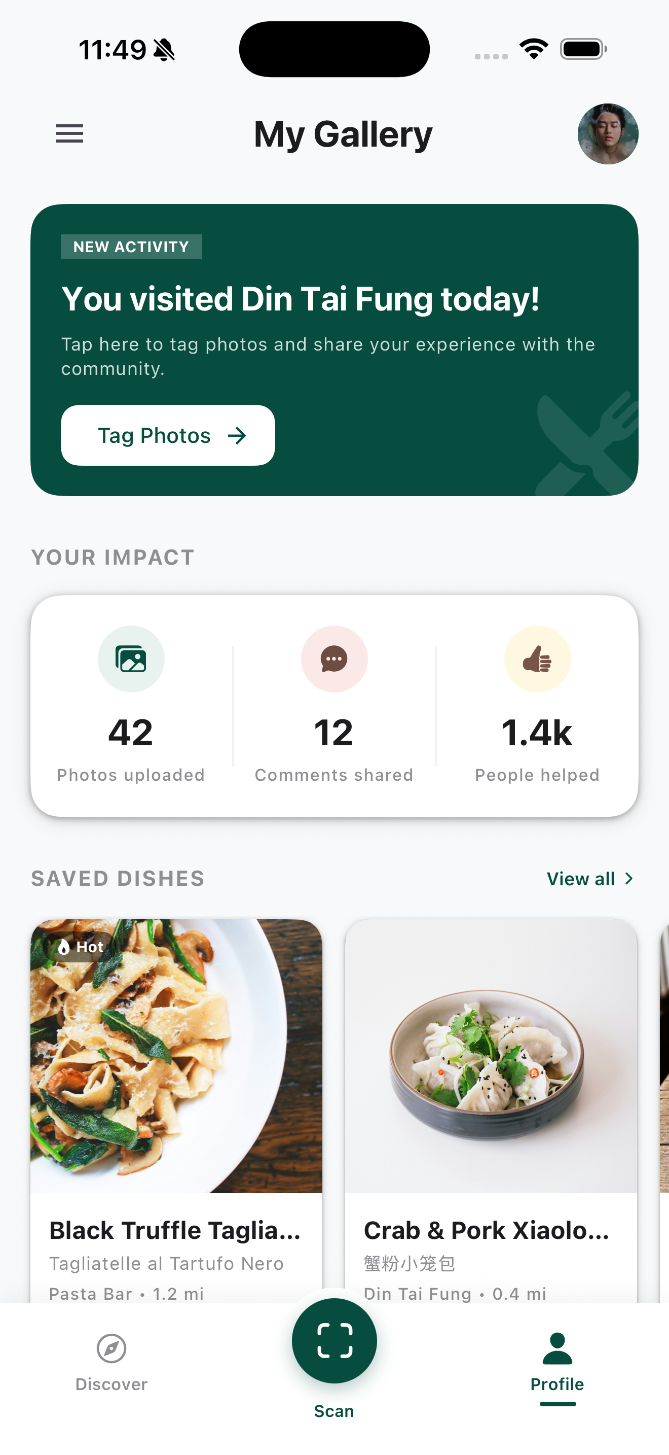 Profile gallery screen with impact stats and saved dishes