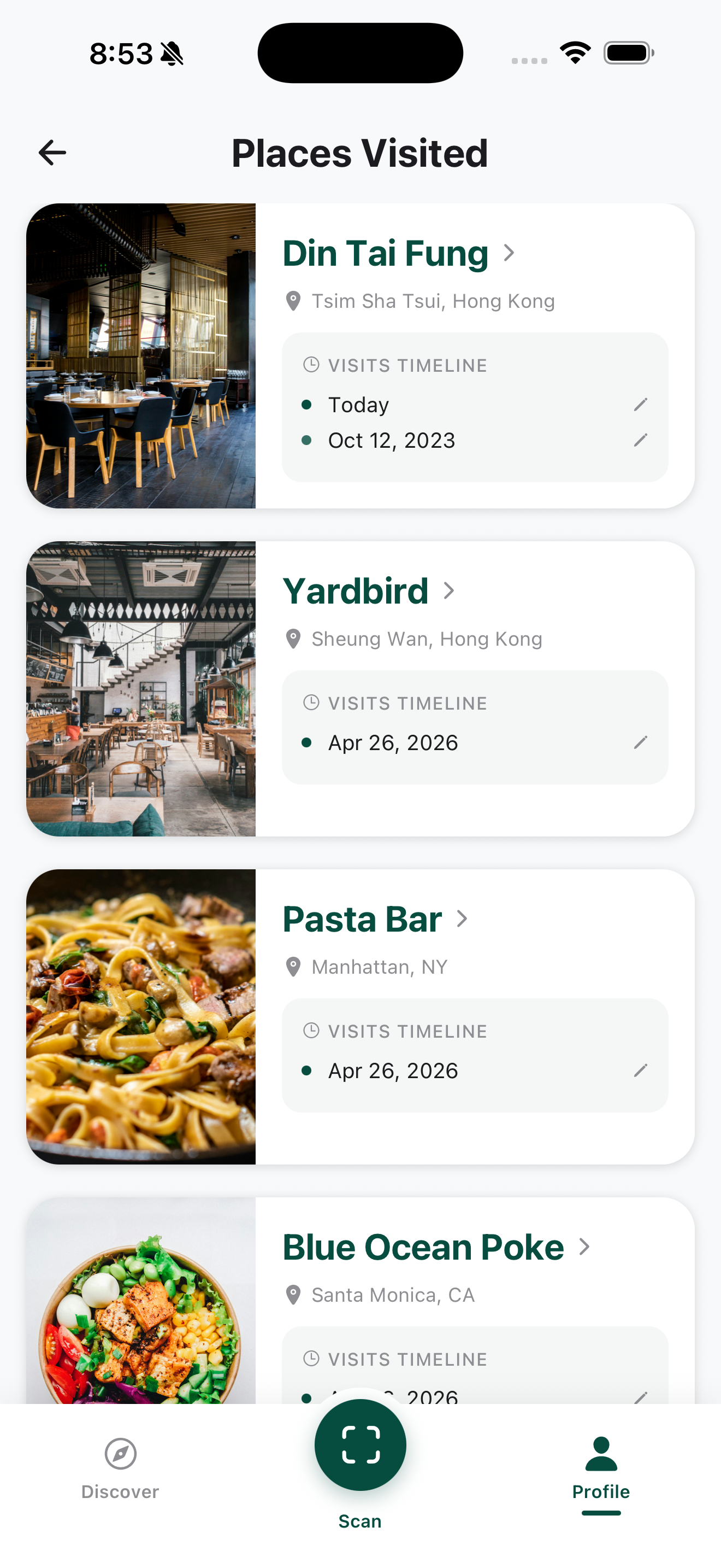 Places visited screen with restaurant cards and visit timelines
